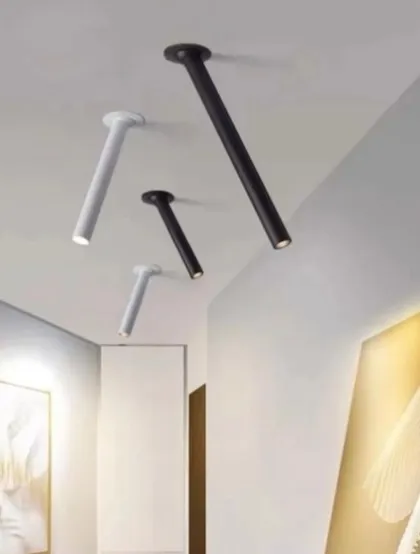 The Dyno Long is a surface-mounted spotlight with an extended stem. This aesthetic design elevates any space and is perfect for rooms with high ceilings or for adding a dramatic accent.