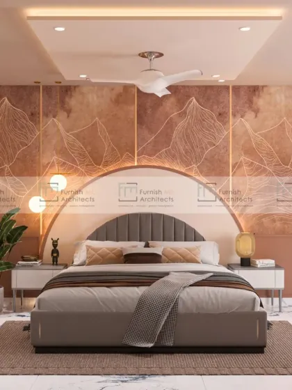 This bedroom design uses a dramatic, mountain-themed wallpaper in earthy tones as a backdrop. The arched headboard and minimalist side tables create a sense of modern romance and tranquility.