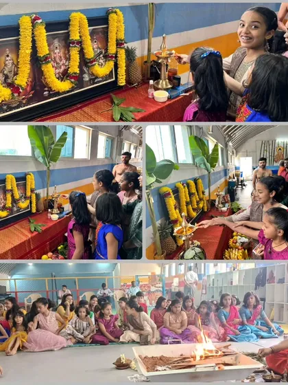 Our students participating in the Ayudha Pooja rituals. We involve our children in these cultural celebrations to instill values and a sense of community.