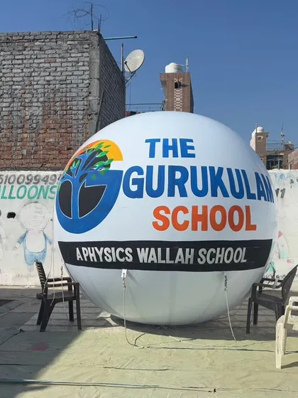 The finished sky balloon for The Gurukulan School, ready for inflation on-site. These are built to be durable for long-term outdoor use.