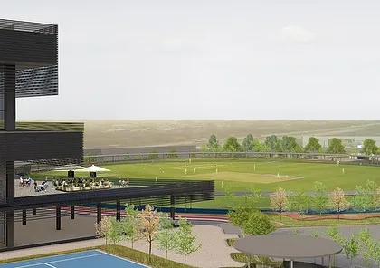 The Sports Block features a cantilevered terrace that provides a shaded viewing deck overlooking the tennis courts and cricket field, creating an ideal space for spectators.