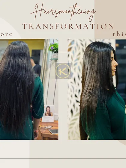 A before and after shot of a hair smoothening transformation on medium-length hair. The treatment effectively tamed frizz and created a polished, straight look.
