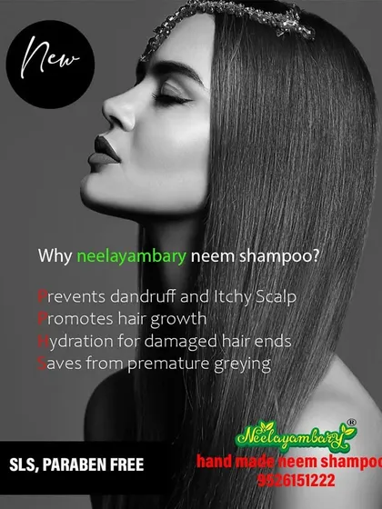 Why choose Neelayambary Neem Shampoo? It helps prevent dandruff, promotes hair growth, hydrates damaged hair, and even helps prevent premature greying. It's a complete care solution with the power of neem.
