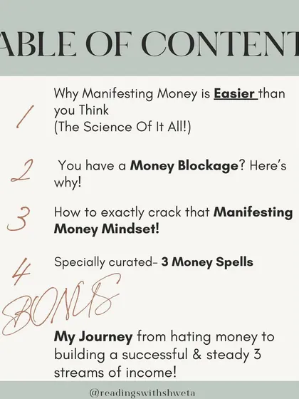 Here is the table of contents for my money manifestation e-book. We cover the science of manifesting, identifying blockages, cracking the mindset, and provide three powerful money spells.