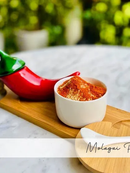 This is my Molagai Podi, famously known as 'gunpowder'. It gets its fiery kick from roasted red chillies and lentils. It is the perfect spicy accompaniment for a hot dosa or soft idli, especially when mixed with a little oil or ghee.