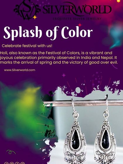 A promotional graphic for the festival of Holi, featuring a pair of our oxidized silver earrings with black stone.