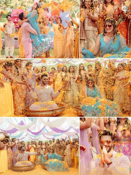 A collage showcasing the vibrant chaos of a pastel-themed Haldi carnival. From the couple being playfully lifted by friends to being covered in turmeric and flower petals, I focus on capturing the full spectrum of this colorful and joyous pre-wedding celebration.