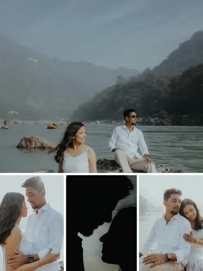 A collage from a Rishikesh pre-wedding shoot, featuring a silhouette and other romantic moments by the river.