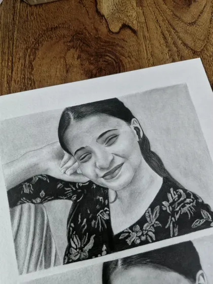 A closer look at the smiling pose from a multi-pose sketch. This highlights the soft shading on the face and the realistic rendering of the hair.