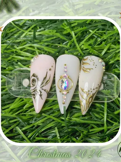 Elegant and intricate designs featuring line work and crystal placement, all done by students. This shows their attention to detail and precision.