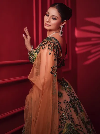 A graceful back profile of Tanishaa Mukerji in a stunning embroidered lehenga. This shot highlights the delicate sleeve details and the elegant drape of the dupatta.