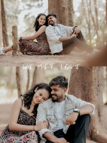 A two-part collage from a forest photoshoot, capturing both a playful and an intimate moment.