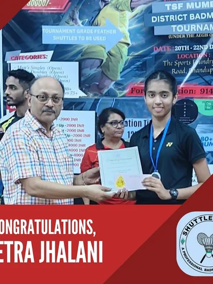 Netra Jhalani with her silver medal in the Women's Singles Open category. We are incredibly proud of her performance against a fellow academy player.
