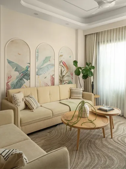 The full composition of the living area, showing how the furniture arrangement creates an inviting and functional space for family and guests. The design is a testament to modern serenity.