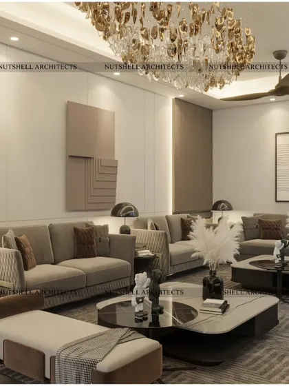 This spacious lounge area uses a neutral color palette with plush, comfortable sofas and layered textures. The design is focused on creating a warm and inviting atmosphere for the family to gather and unwind.