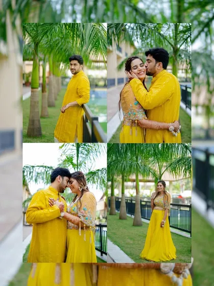A collage of romantic and playful moments from the couple's Haldi photoshoot. It showcases their love story amidst the beautiful outdoor setting.
