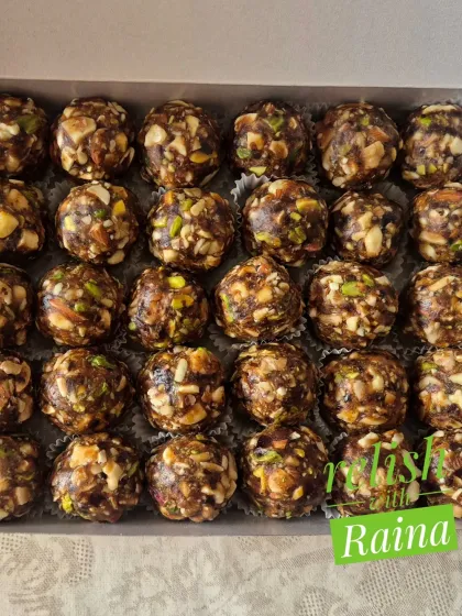 My most popular healthy option: Dry Fruit Laddoos. These are completely guilt-free, made only with premium dry fruits like cashews, pistachios, and walnuts, all bound together with naturally sweet black dates. There is no added sugar or jaggery.