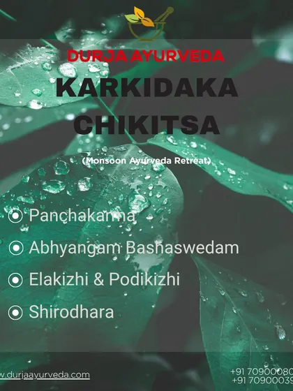 Our curated Karkidaka therapies are listed here against a backdrop of rain-kissed leaves. Treatments like Panchakarma and Shirodhara are especially effective during the monsoon.