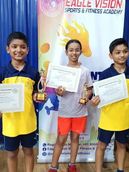 Our three medalists from the Eagle Vision tournament: Rhys (winner), Kashvi (runner-up), and Liam (runner-up).