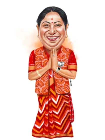 The full caricature of Smt. Rekha Gupta with a 'namaste' pose, created for newspaper publication.