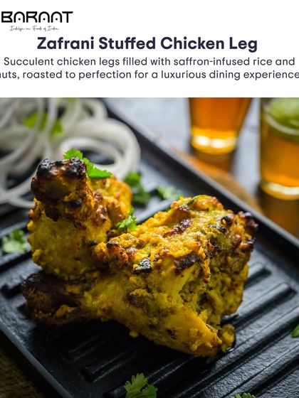 A closer look at our Zafrani Stuffed Chicken Leg, filled with saffron-infused rice and nuts and roasted to perfection.