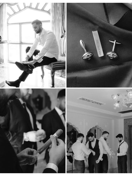 A collage of the groom getting ready, with his groomsmen helping out. These behind-the-scenes shots capture the details, from cufflinks to cigars, that are part of the pre-wedding ritual.