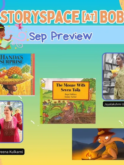 A preview of our September "Storyspace" sessions, a monthly story-based learning program. This poster details the stories, learning outcomes, and activities planned for each week, like learning about fruits with "Handa's Surprise".