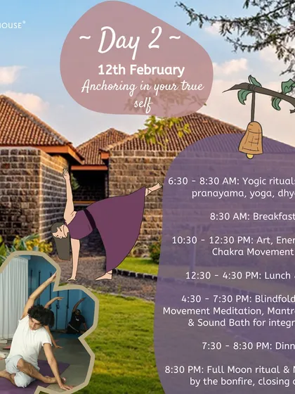 Day 2 is dedicated to anchoring in your true self. The schedule includes yogic rituals like kriya and pranayama, creative energy work, and unique practices like blindfold yoga and mantra chanting.