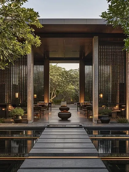 Luxury can be quiet and powerful. This minimalist entrance design uses clean lines, natural stone, and reflective water pools to create a serene and sophisticated transition from the outside world into a private sanctuary.