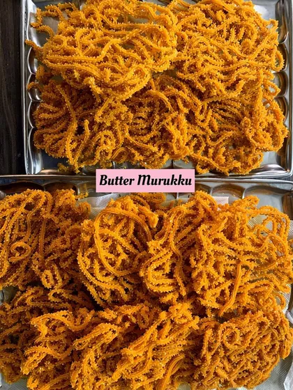 Trays of my crispy and savory Butter Murukku, a classic South Indian snack that I make fresh in my kitchen.