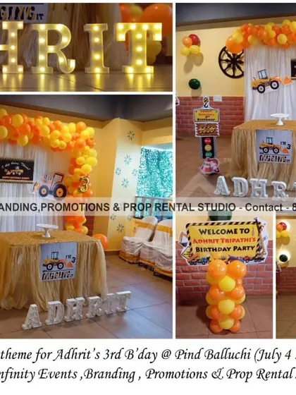 We built a fun and engaging JCB construction theme for Adhrit's 3rd birthday. This setup includes a custom brick-wall-style backdrop, themed props, and a bold orange and yellow balloon garland, perfect for a little builder's big day.