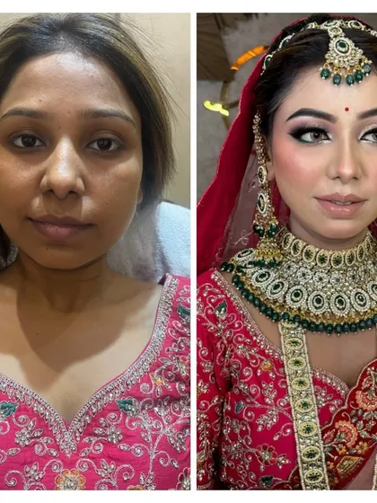 A close-up of this bride's incredible transformation. We used advanced techniques to create a smooth, long-lasting base and defined her eyes with a dramatic smokey look, perfect for her heavily embellished bridal attire.