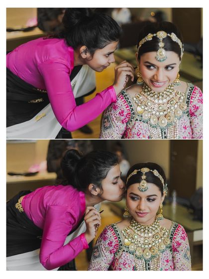 A makeup artist gives the bride a reassuring kiss on the cheek. We capture the bond between the bride and her trusted vendors.