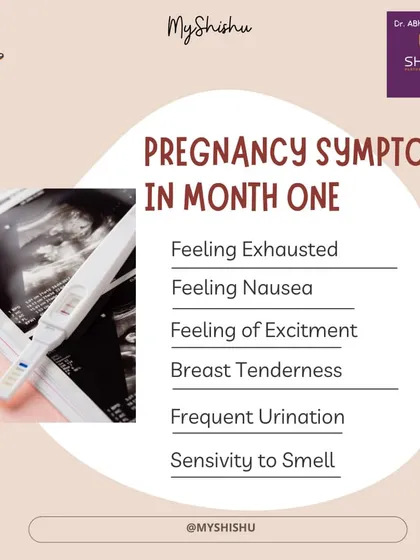 The first month is full of surprises. This infographic lists common early pregnancy symptoms like exhaustion, nausea, breast tenderness, and a heightened sense of smell.