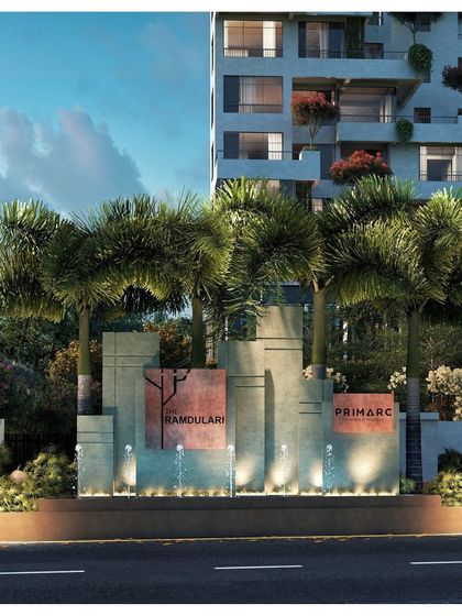 The entrance to the proposed Ramdulari Towers is designed to make a statement that is both bold and natural. The monumental forms are softened by integrated water features and lush palm trees, setting a tone of green luxury from the moment of arrival.