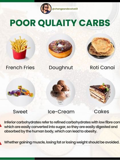Poor quality carbs, like french fries, donuts, and sweets, are refined and easily converted into sugar, which can lead to obesity. These should be avoided whether you're gaining muscle or losing fat.