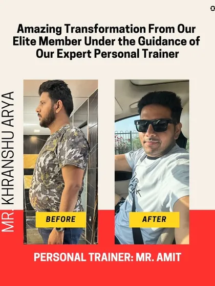 Mr. Khranshu Arya's transformation, also guided by trainer Mr. Amit, shows a significant change in his side profile, with a reduction in abdominal fat and a leaner physique.