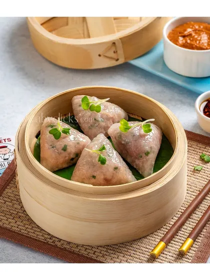 Triangle-shaped chicken dumplings from Moets Oh! Bao.