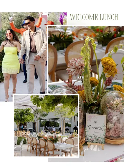Details from a vibrant welcome lunch. The couple's cheerful entrance, the unique floral centerpieces in terrariums, and the elegant table settings all contribute to a joyful and beautifully styled event.
