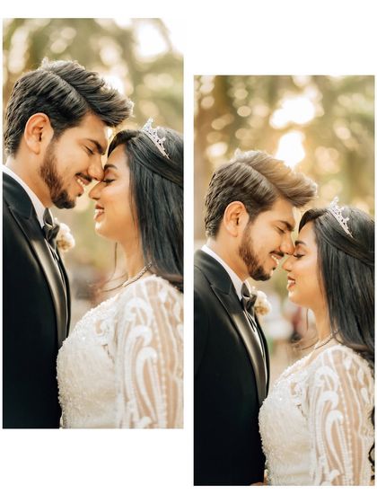 A diptych of a backlit couple portrait, showing both a close-up and a slightly wider view. The warm sunlight creates a beautiful, romantic glow.
