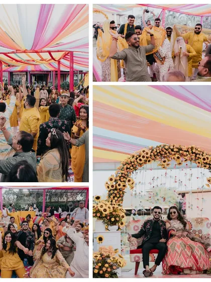 Collages capturing the fun and games of a Haldi ceremony, from the couple's grand entry to the flower shower and dance party.