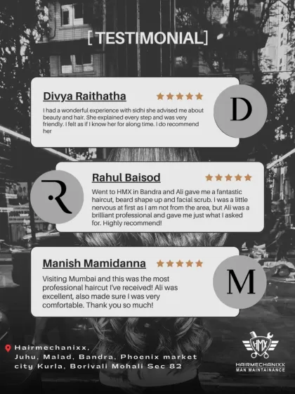 Real words from real clients. This collage showcases feedback from multiple customers who praise our friendly service, professional haircuts, and expert advice at our various locations.