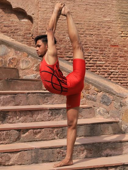 A full standing split, held with power and precision. This is the kind of energy and form we bring to the competition stage.