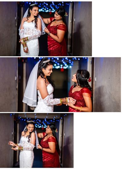 A collage of sweet, candid moments between the bride and her bridesmaid. These images capture the support and friendship on a wedding day.