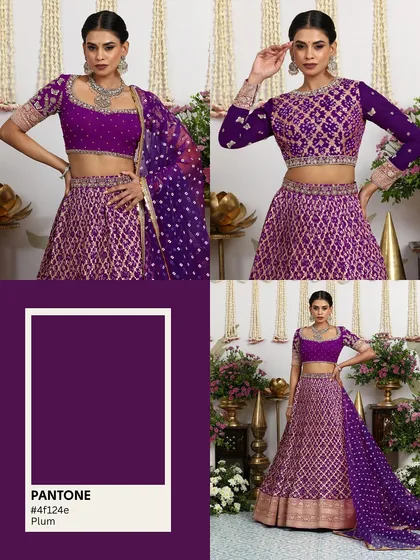 This collage highlights the beauty of our purple Banarasi lehenga, available with different blouse styles.