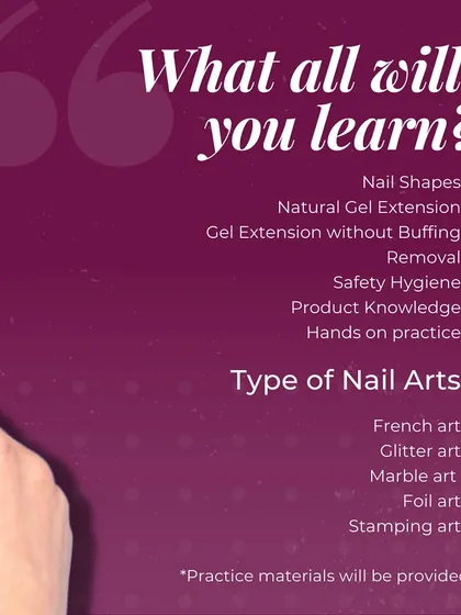 Here is a clear breakdown of what you will master in my 2-day Gel Extension workshop. We cover everything from fundamental techniques like shaping and safe removal to creative styles like marble and foil art, with plenty of hands on practice.
