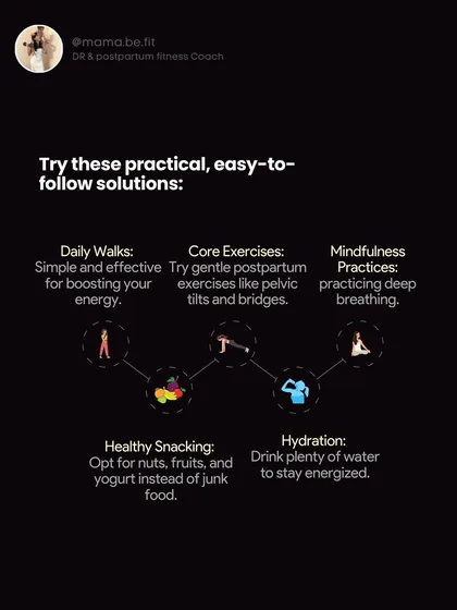 Try these practical, easy-to-follow solutions: daily walks, gentle core exercises like pelvic tilts, healthy snacking, and staying hydrated. Small steps make a big difference.