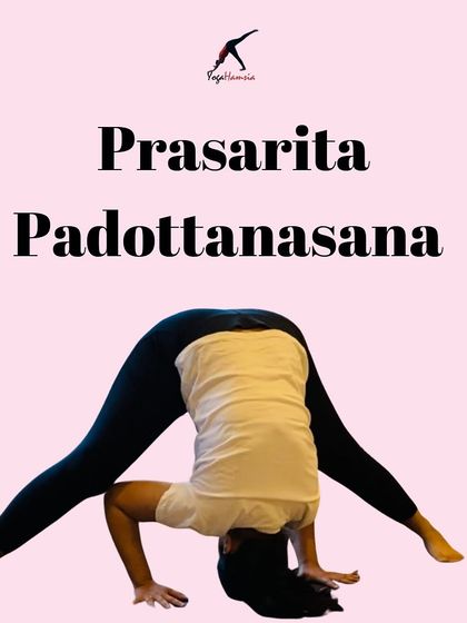 Prasarita Padottanasana, a wide-legged forward bend, helps to stretch the inner thighs and calm the mind. This pose is beneficial for releasing tension in the pelvic area. This is the same as media 64.