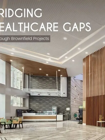 This lobby at Sarvodaya Hospital in Greater Noida is part of a brownfield project that addresses healthcare gaps. Adaptive reuse projects in dense urban areas promote communal health by making quality care more accessible.