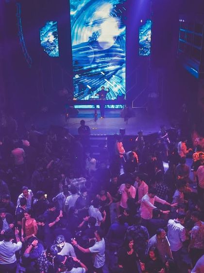 An overhead view of the Razorpay party, showing the scale of the production and the packed venue.